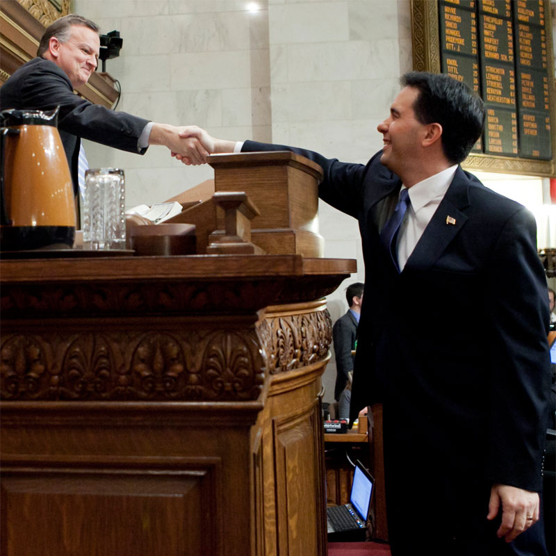 Bill Kramer, Majority Leader in the Wisconsin State Assembly, shaking Scott Walker's hand