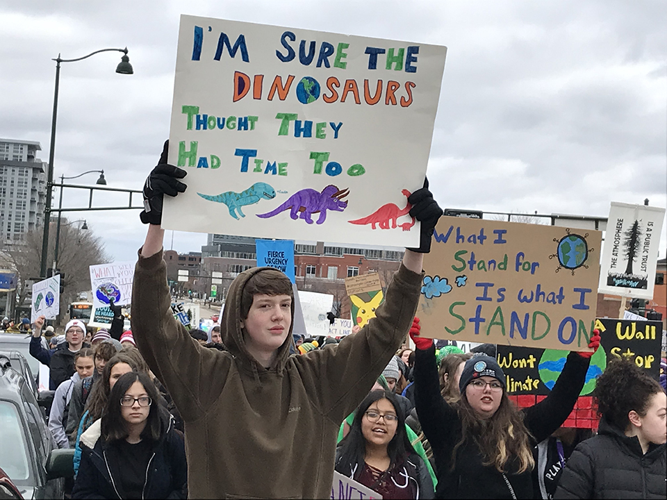 Taking part in the March 15th global protest, thousands of students in Madison, Wisconsin, march on the state Capitol demanding action on climate change.