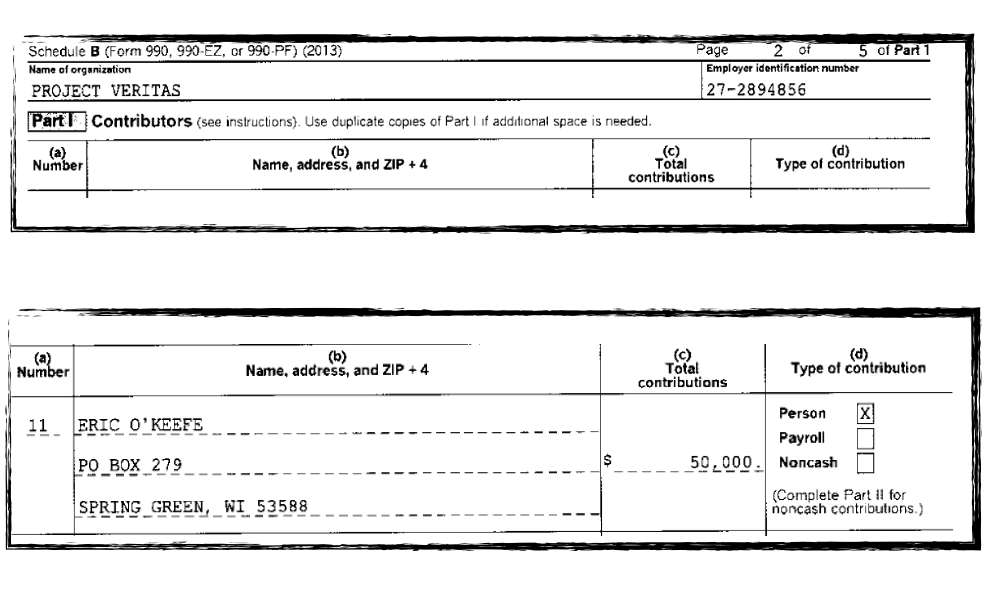 Eric O'Keefe gave James O'Keefe $50K in 2013