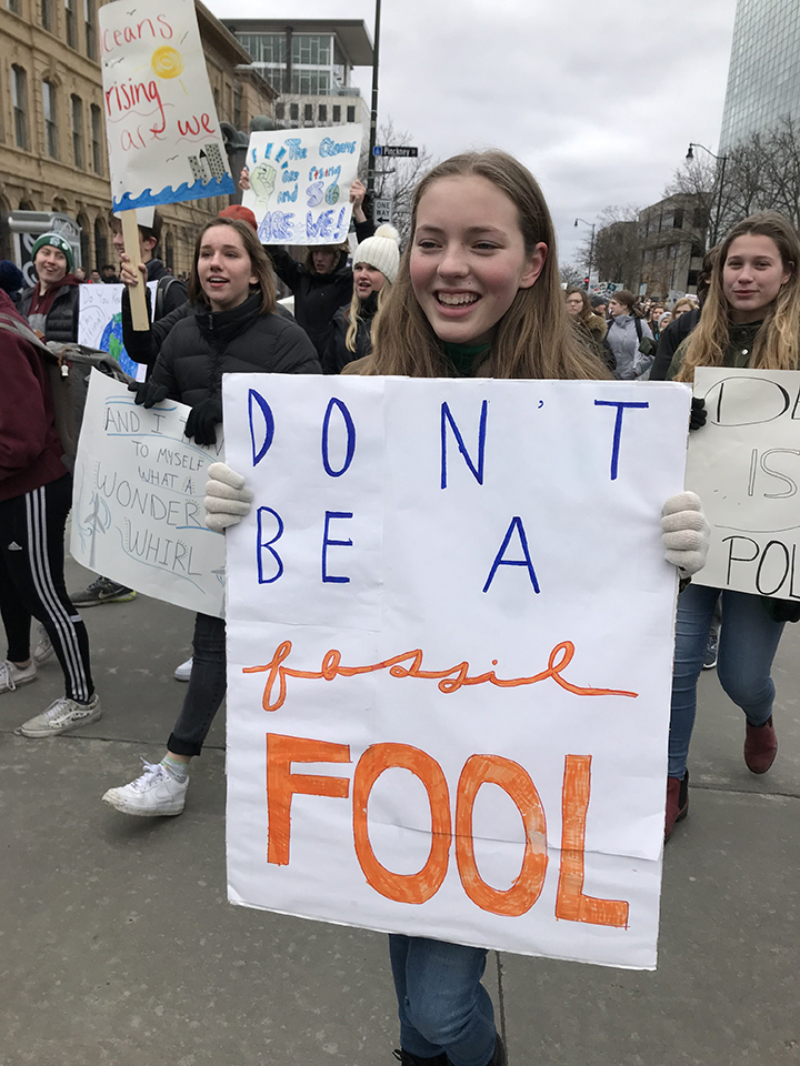 Taking part in the March 15th global protest, thousands of students in Madison, Wisconsin, march on the state Capitol demanding action on climate change.