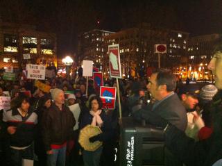 Protesters gather outside the Capitol to offer a collective yell to the people inside. The crowd continues to be forbidden entry to Capitol -- less than 100 remain inside. (Source: Jonathan Rosenblum)