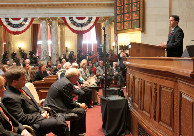 Gov. Scott Walker unveils his 2011-13 budget at the Capitol (Photo by Gary Porter)